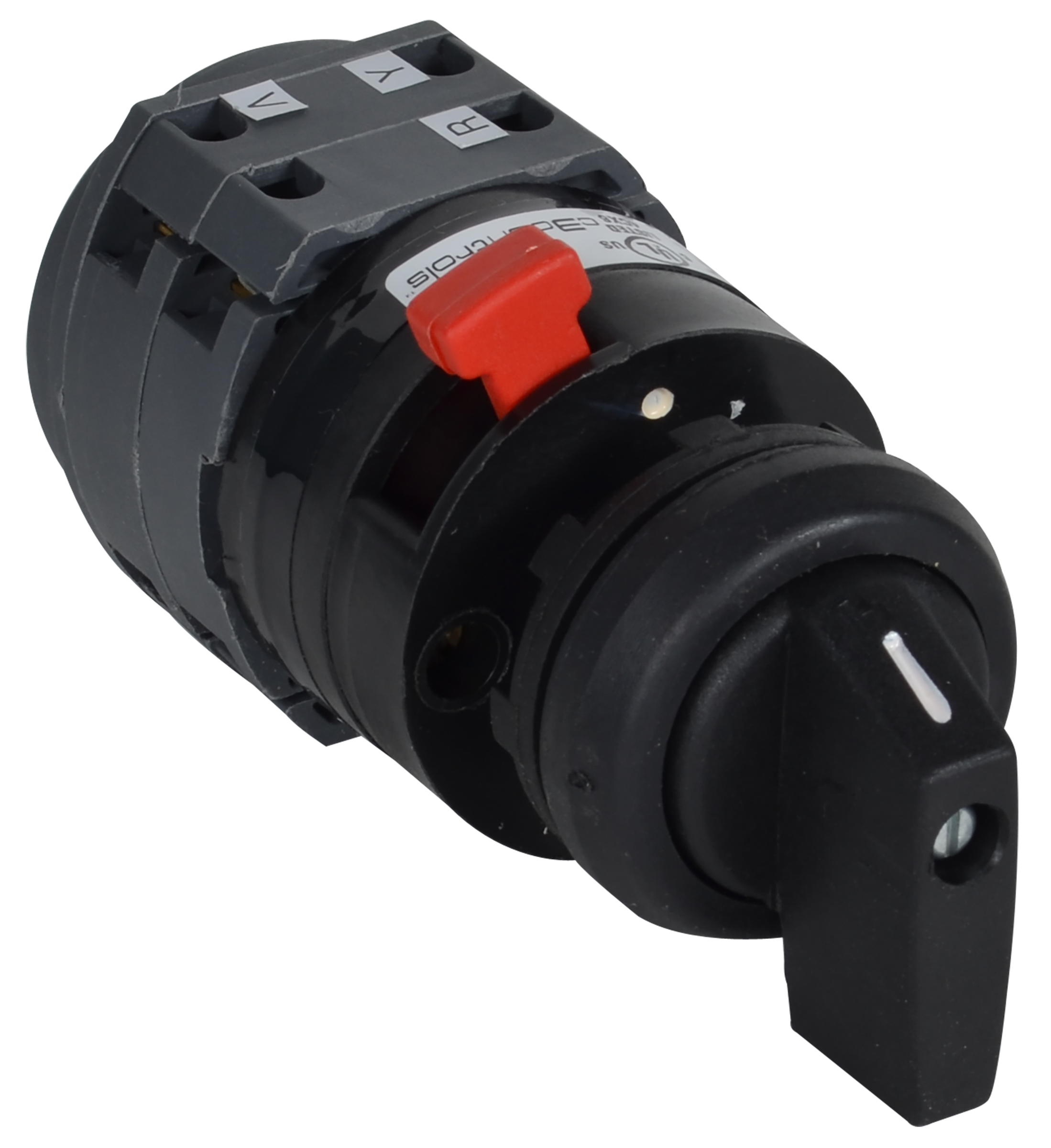 C3Controls On-Off Cam Switch, Maintained 60 Degrees, 1 Pole / 1 Stage, 16A, Round Ring (no front plate), Lever, Red Operator - CS11001-G16-N22LRN