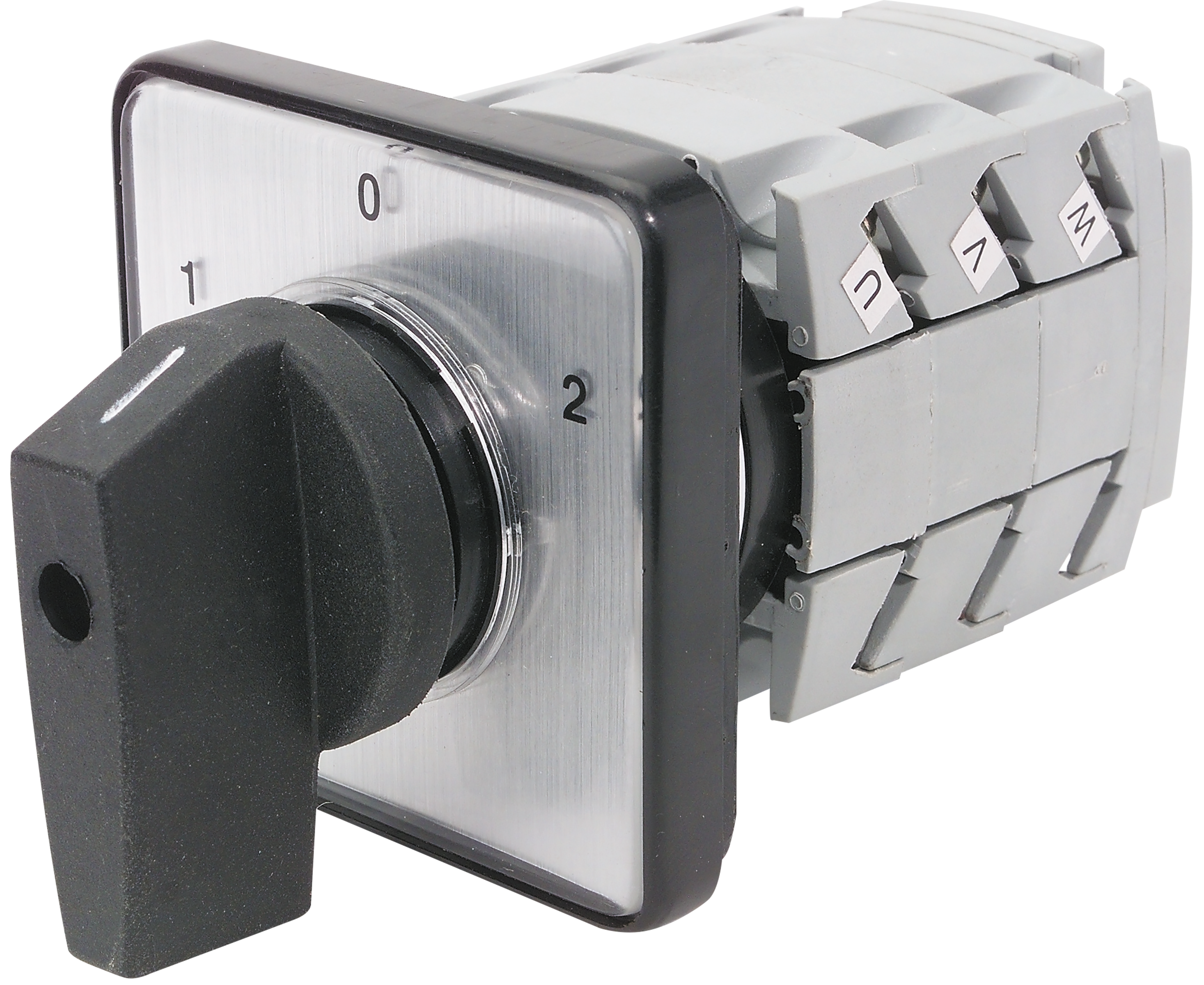 C3Controls Changeover Cam Switch, w/Off Position, Maintained 60 Degrees, 3 Poles / 3 Stages, 25A, 48mm x 48mm Front Plate, Lever, Red Operator / Yellow Front Plate, 1-0-2 - CS21027-G25-L22LRYB61