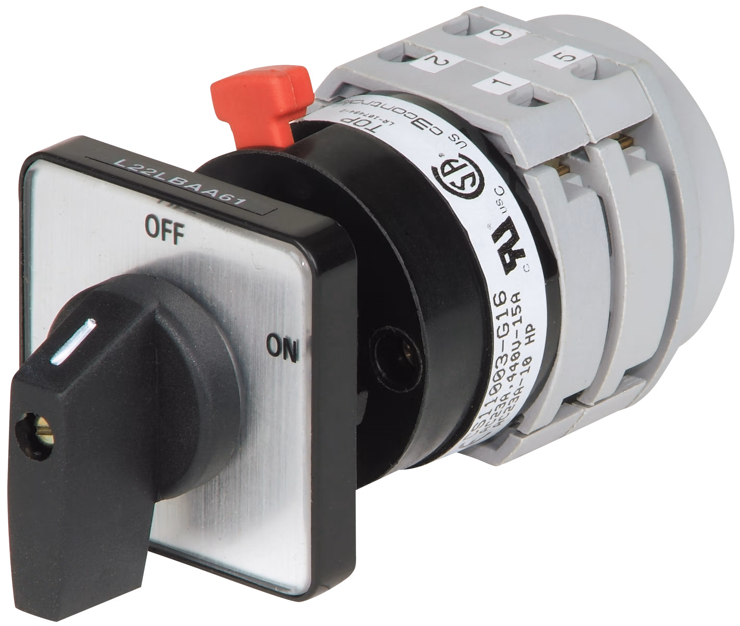 C3Controls Changeover Cam Switch, w/Off Position, Maintained 60 Degrees, 5 Poles / 5 Stages, 25A, Round Ring (no front plate), Lever, Red Operator - CS21029-G25-N22LRN