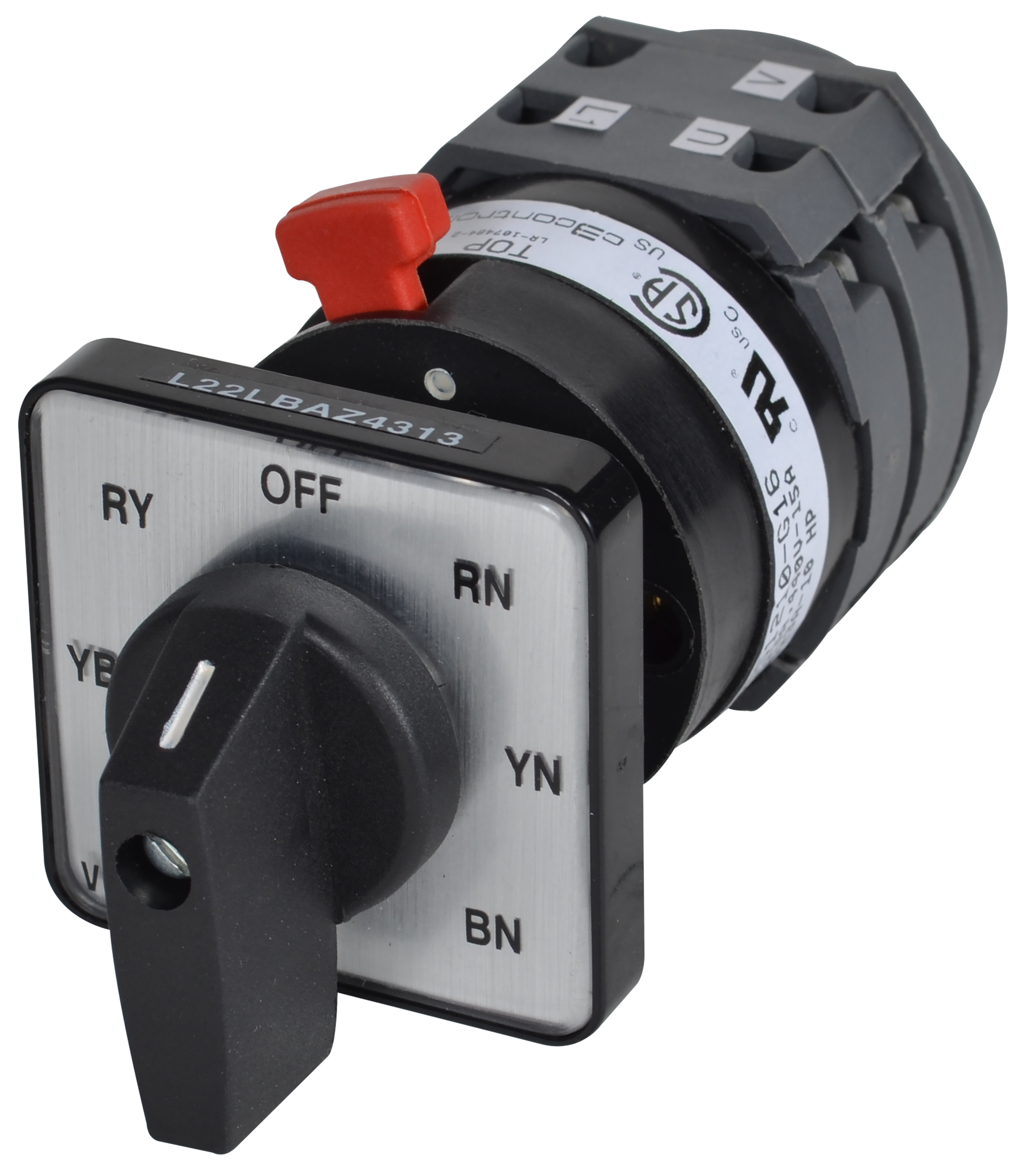 C3Controls On-Off Cam Switch, Maintained 90 Degrees, 6 Poles / 3 Stages, 32A, Round Ring (no front plate), Lever, Red Operator - CS11906-G32-N22LRN