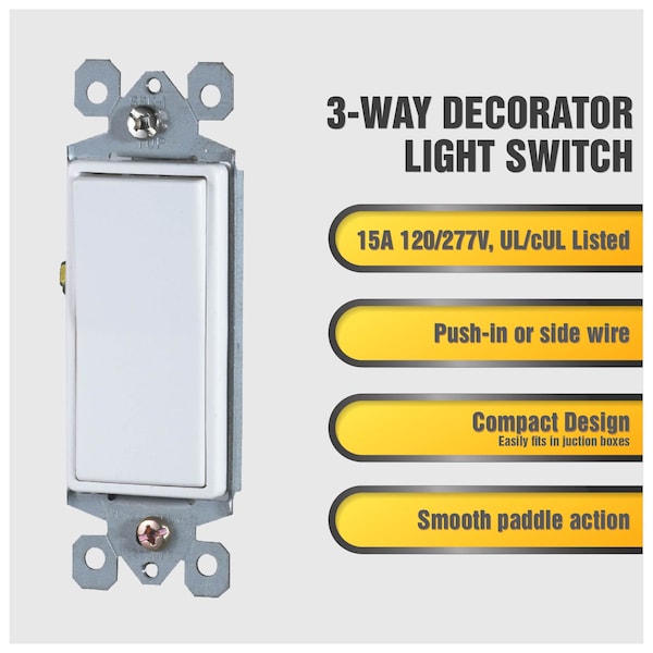 Faith Decorator Rocker Light Switch, 3-Way, 15A 120/277V, White, PK 10 - SSK1B-WH-10