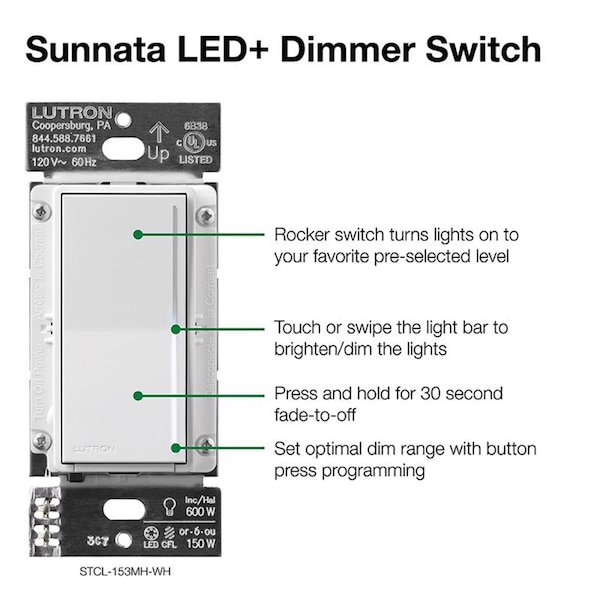 Lutron Sunnata 1.25 amps Single Pole 3-Way Dimmer Switch White - STCL-153MH-WH