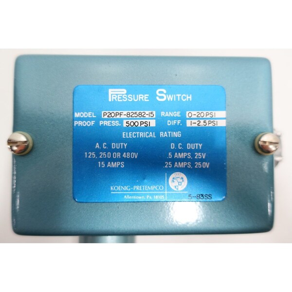 Interruptor de presión Koenig Pretempco 0-20 PSI 125/250/480V-CA - P20PF-82582-15