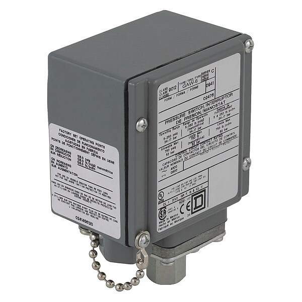 Interruptor de presión Telemecanique Sensors, (1) Puerto, 1/4-18 pulgadas FNPT, DPDT, 3 a 150 psi, Acción Estándar - 9012GDW25