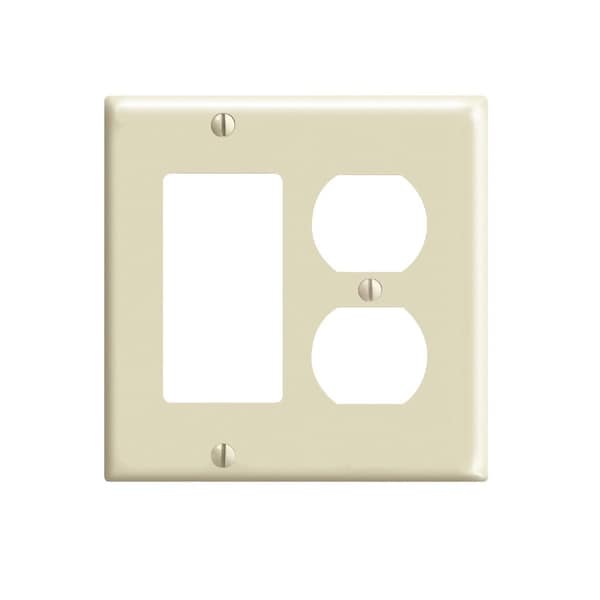 Leviton 2-Gang Smooth Plastic Single Rocker/Duplex Outlet Wall Plate, Ivory - 001-80455-00I