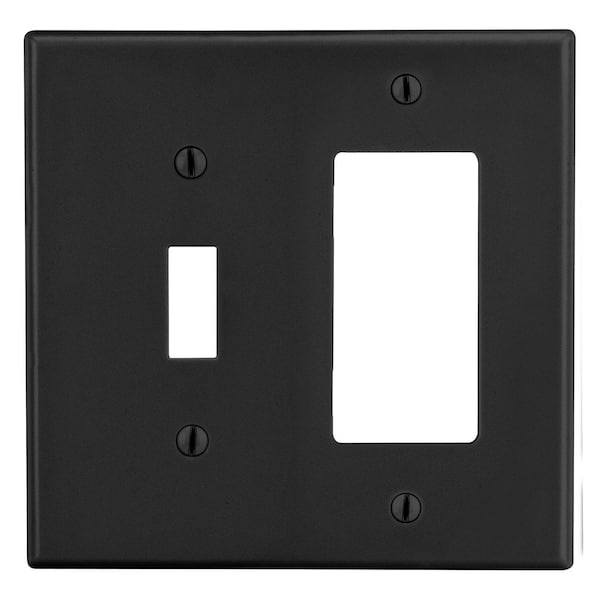 Hubbell Wiring Device-Kellems Wallplate, 2-Gang, 1) Toggle 1) Receptacle, Black - P126BK