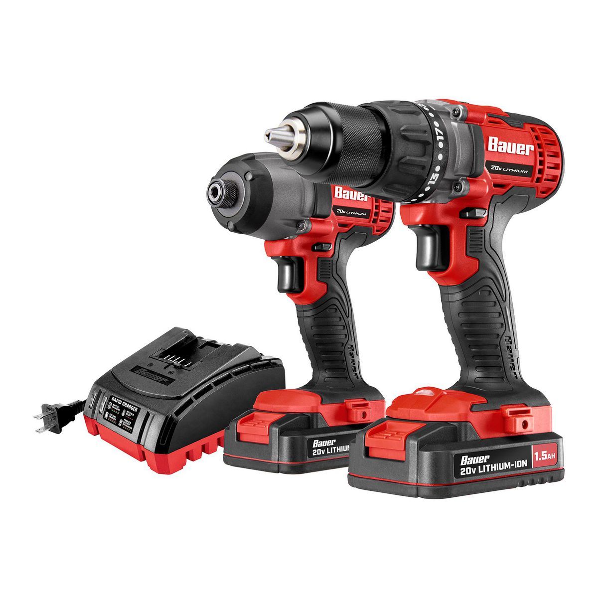 Kit de Taladro Inalámbrico y Destornillador de Impacto Bauer de 20V, 2 Herramientas con (2) Baterías de 1.5 Ah y Cargador - 70933