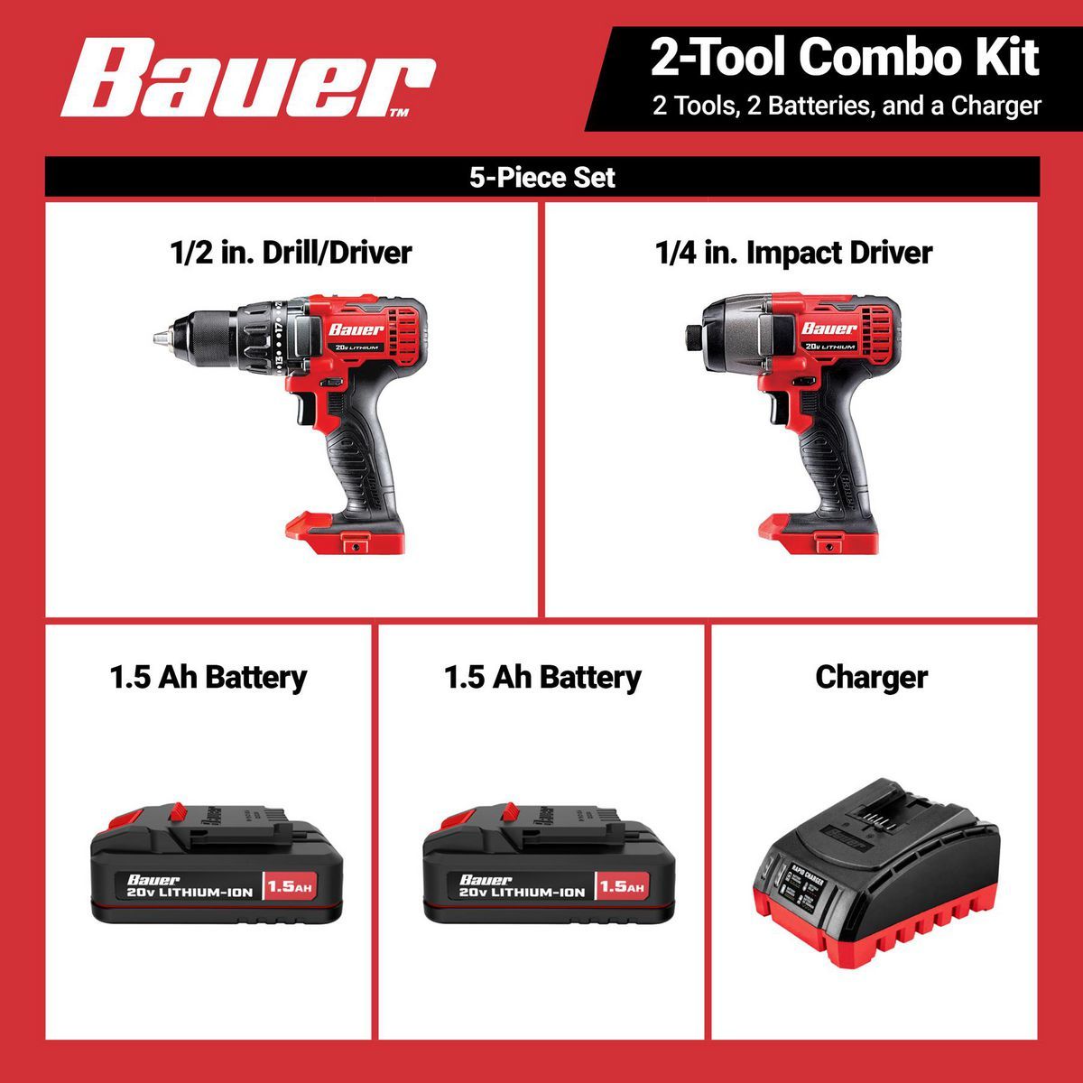 Kit de Taladro Inalámbrico y Destornillador de Impacto Bauer de 20V, 2 Herramientas con (2) Baterías de 1.5 Ah y Cargador - 70933