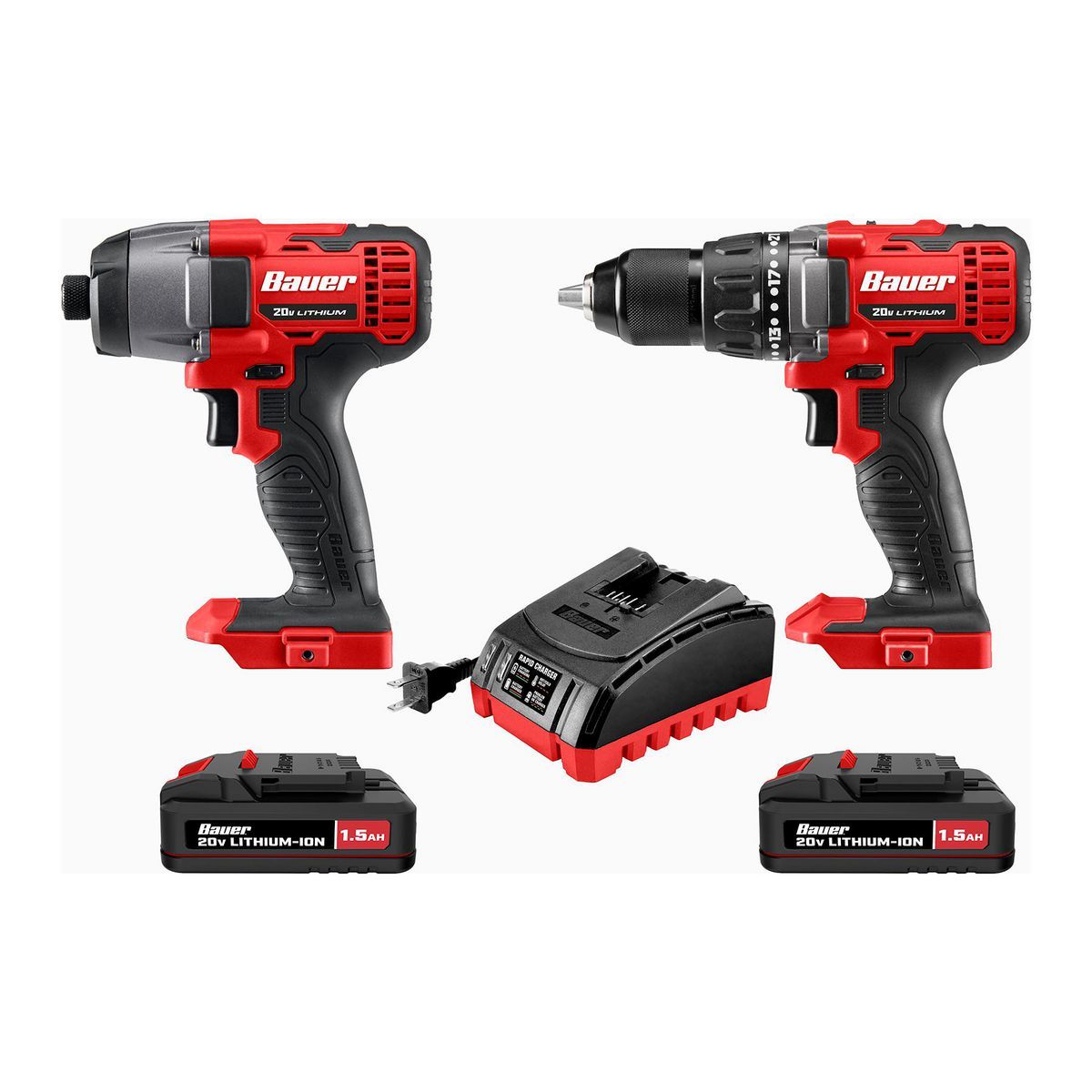 Kit de Taladro Inalámbrico y Destornillador de Impacto Bauer de 20V, 2 Herramientas con (2) Baterías de 1.5 Ah y Cargador - 70933