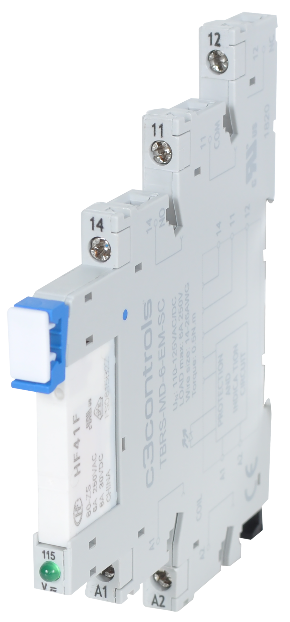 C3Controls Terminal Block Relay, 220-240V AC/DC, 6A, Single Pole Double Throw, Screw Terminal - TBR-MF-6-1P-SC