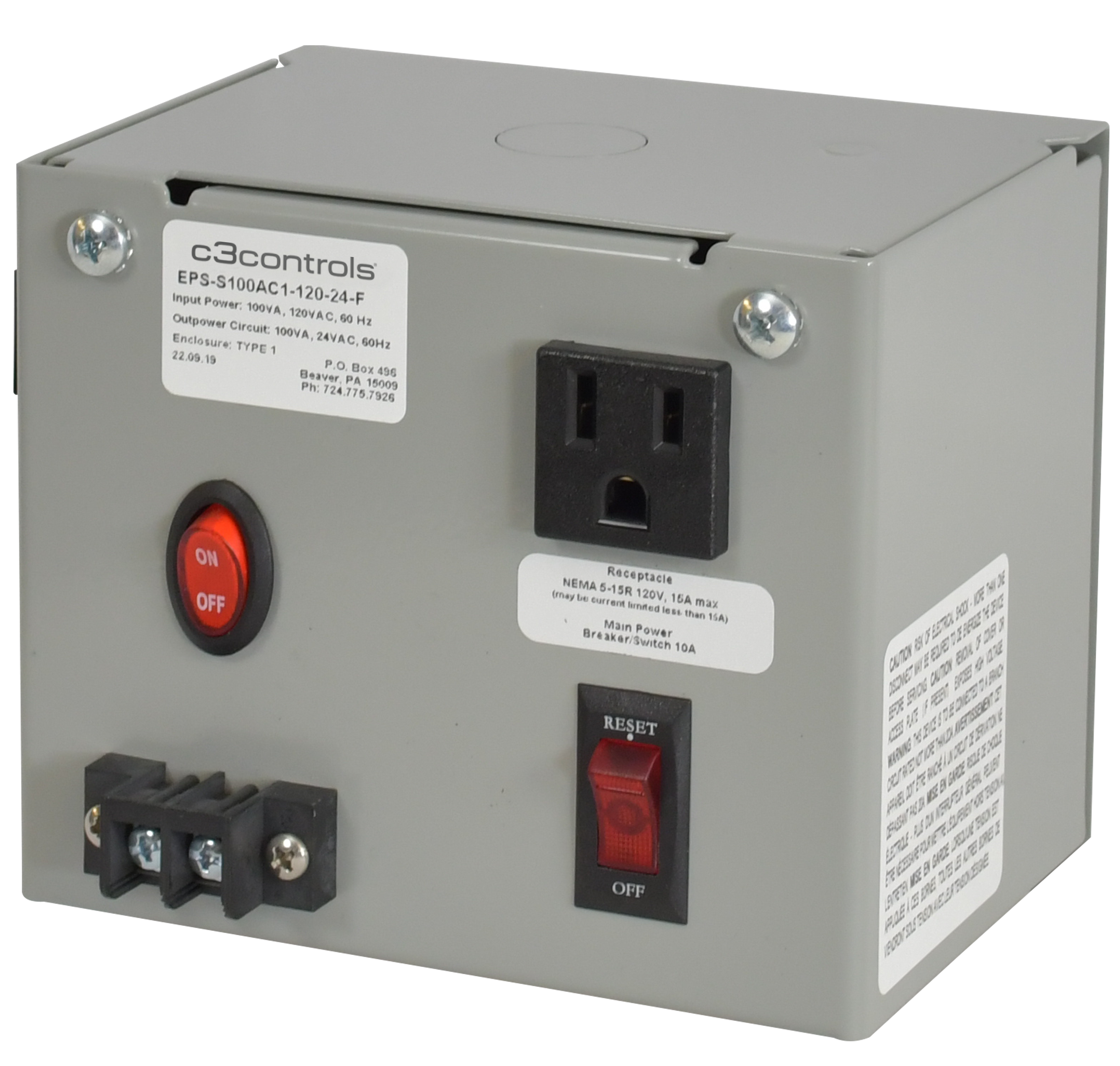 C3Controls Enclosed power supply, Metallic NEMA 1 enclosure, Single 100VA AC Transformer with 1 ungrounded Class 2 output circuit, 120VAC to 24VAC, with 120VAC convenience receptacle, external terminal strip, Series B - EPS-S100AC1-120-24-B