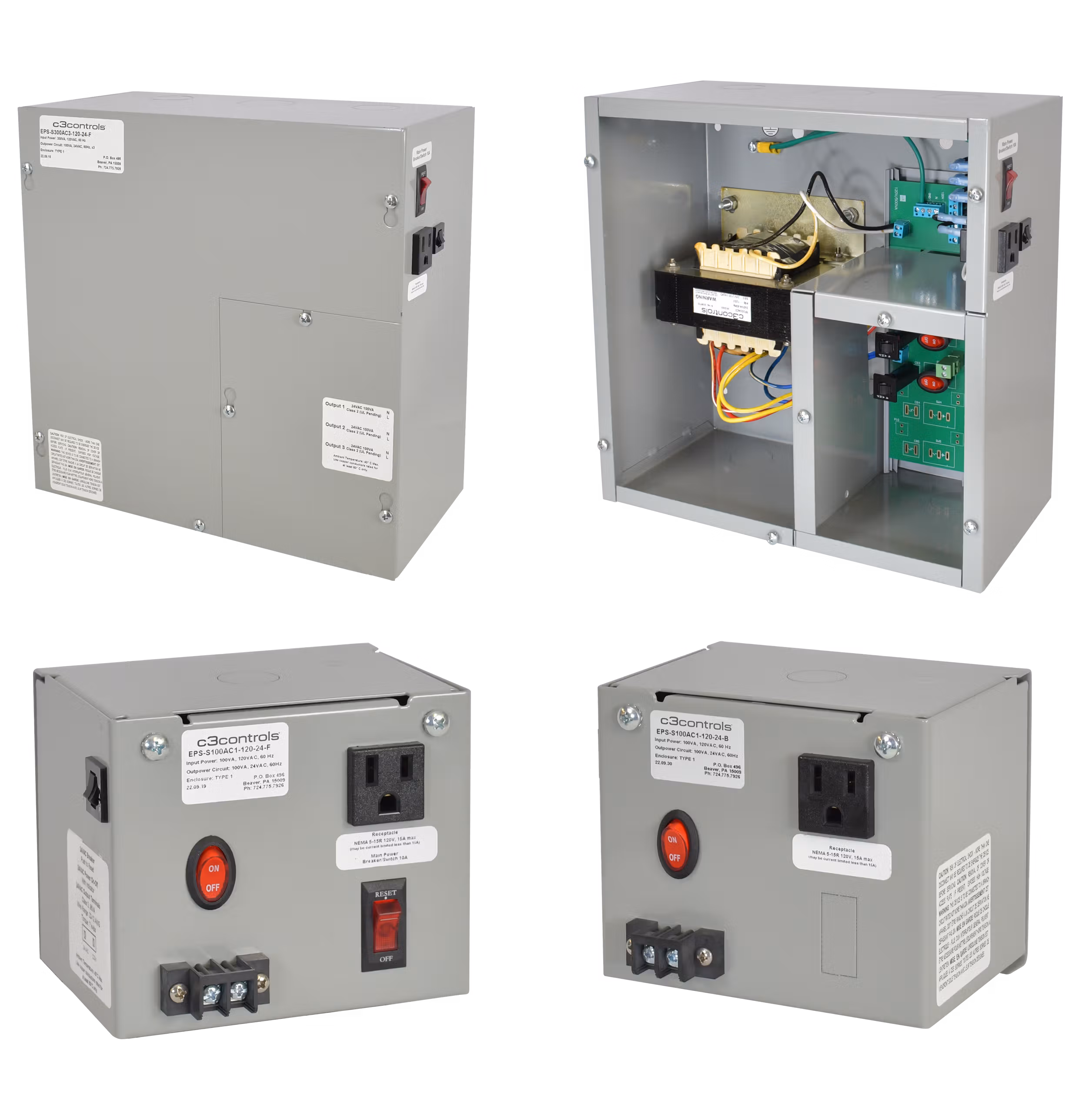 C3Controls Enclosed power supply, Metallic NEMA 1 enclosure, Dual 100VA AC Transformers with 1 ungrounded Class 2 output circuit each, 120VAC to 24VAC, with primary circuit switch/circuit breaker, 120VAC convenience receptacle, external terminal strips, Series B - EPS-D100AC1-120-24-F