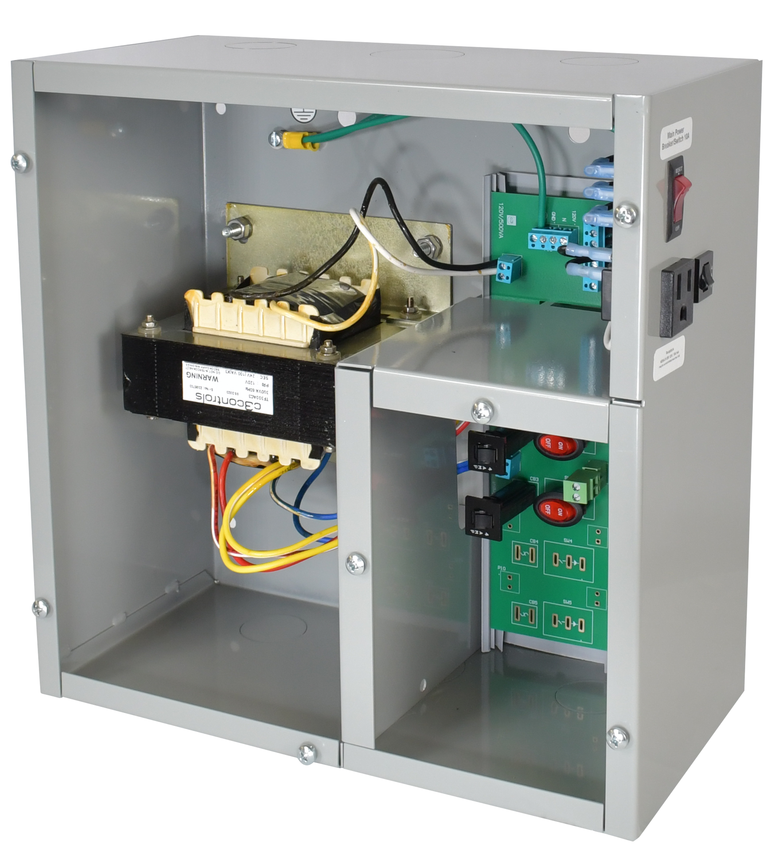C3Controls Enclosed power supply, Metallic NEMA 1 enclosure w/ primary to secondary circuit separation, Single 300VA AC Transformer with 3 ungrounded Class 2 output circuits, 120VAC to 24VAC, with primary circuit switch/circuit breaker, 120VAC convenience receptacle, Series B - EPS-S300AC3-120-24-F