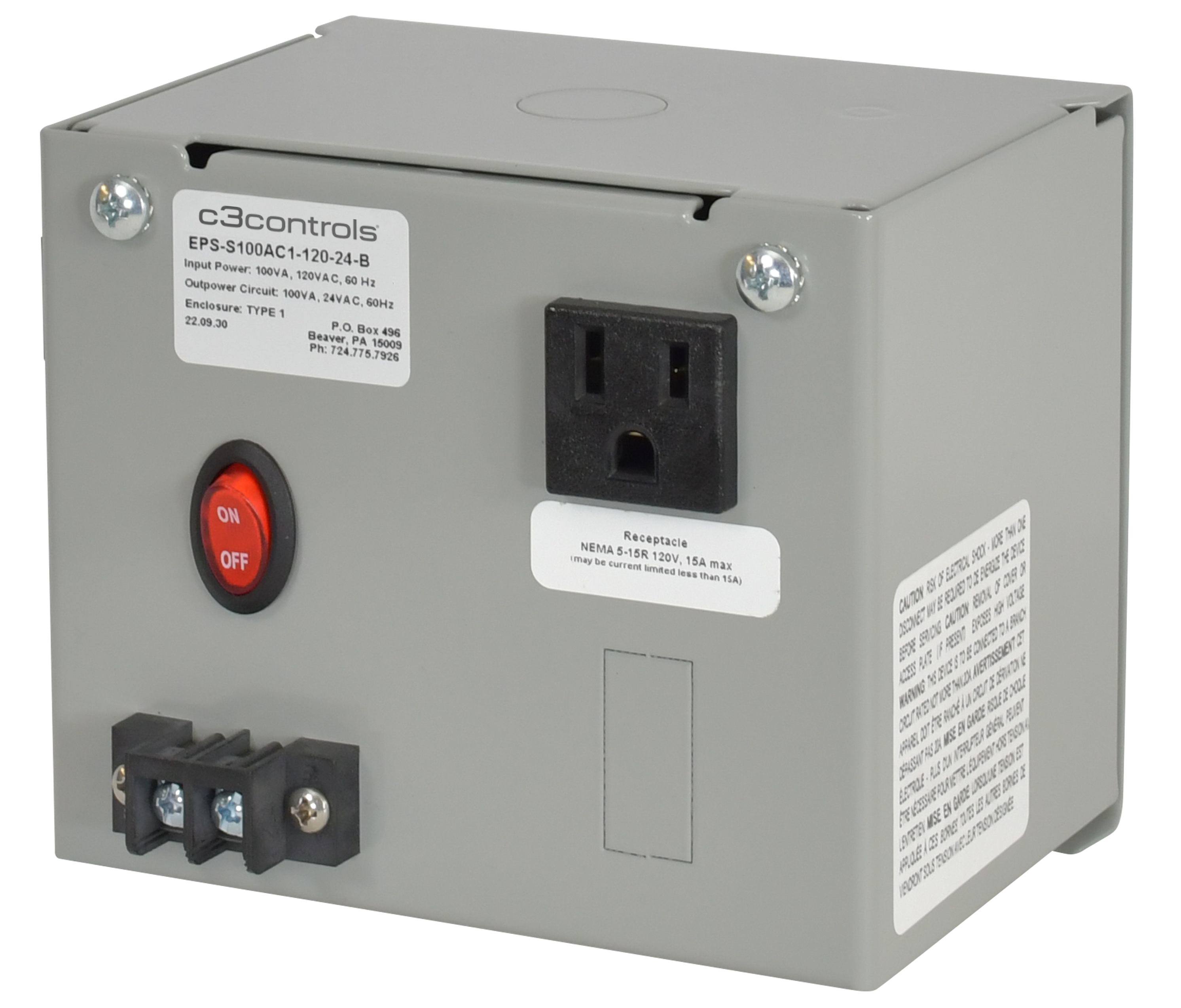 C3Controls Enclosed power supply, Metallic NEMA 1 enclosure, Single 500VA AC Transformer with 5 ungrounded Class 2 output circuits, 120VAC to 24VAC, Series B - EPS-S500AC5-120-24-B