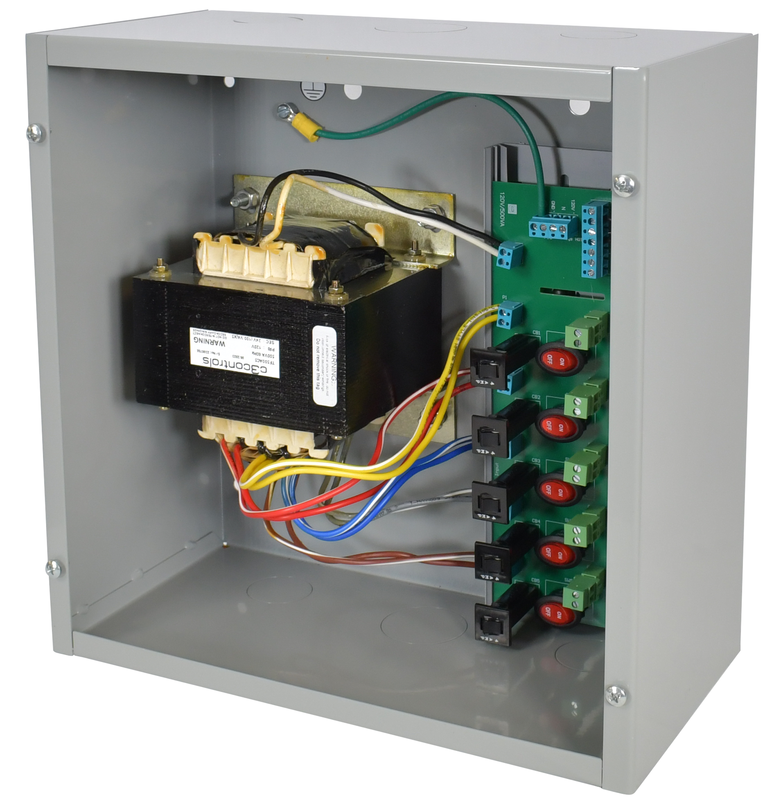 C3Controls Enclosed power supply, Metallic NEMA 1 enclosure, Single 500VA AC Transformer with 5 ungrounded Class 2 output circuits, 120VAC to 24VAC, Series B - EPS-S500AC5-120-24-B