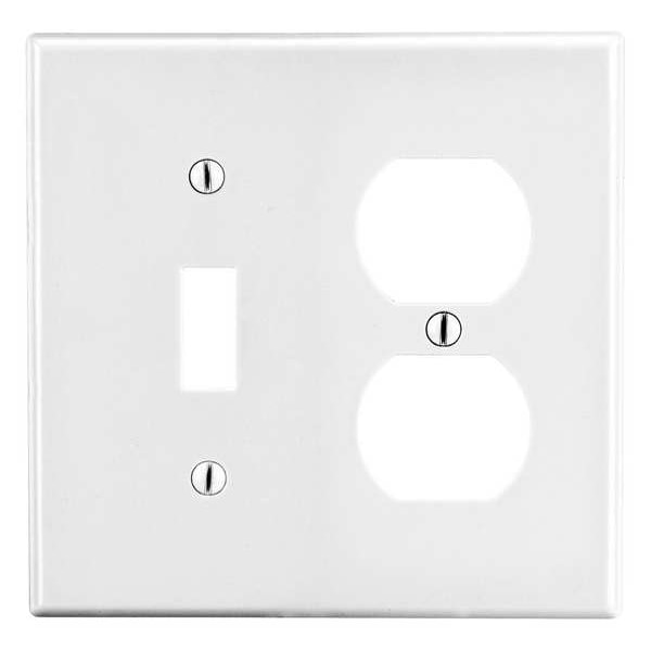Hubbell Toggle Switch/Duplex Receptacle Wall Plate, Number of Gangs: 2 Plastic, Smooth Finish, White - P18W