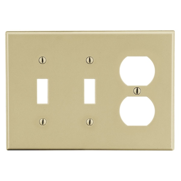 Hubbell Wiring Device-Kellems Wallplate, Mid-Size 3-Gang, 2) Toggle 1) Duplex, Ivory - PJ28I