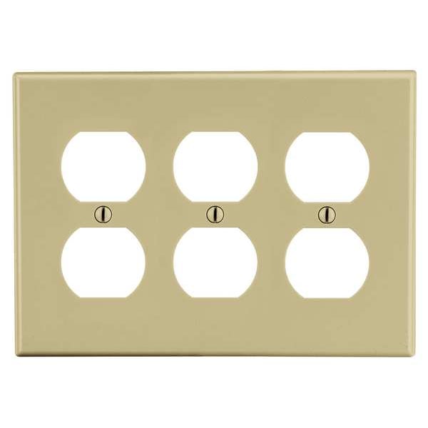 Hubbell Duplex Receptacle Wall Plate, Number of Gangs: 3 Plastic, Smooth Finish, Ivory - P83I
