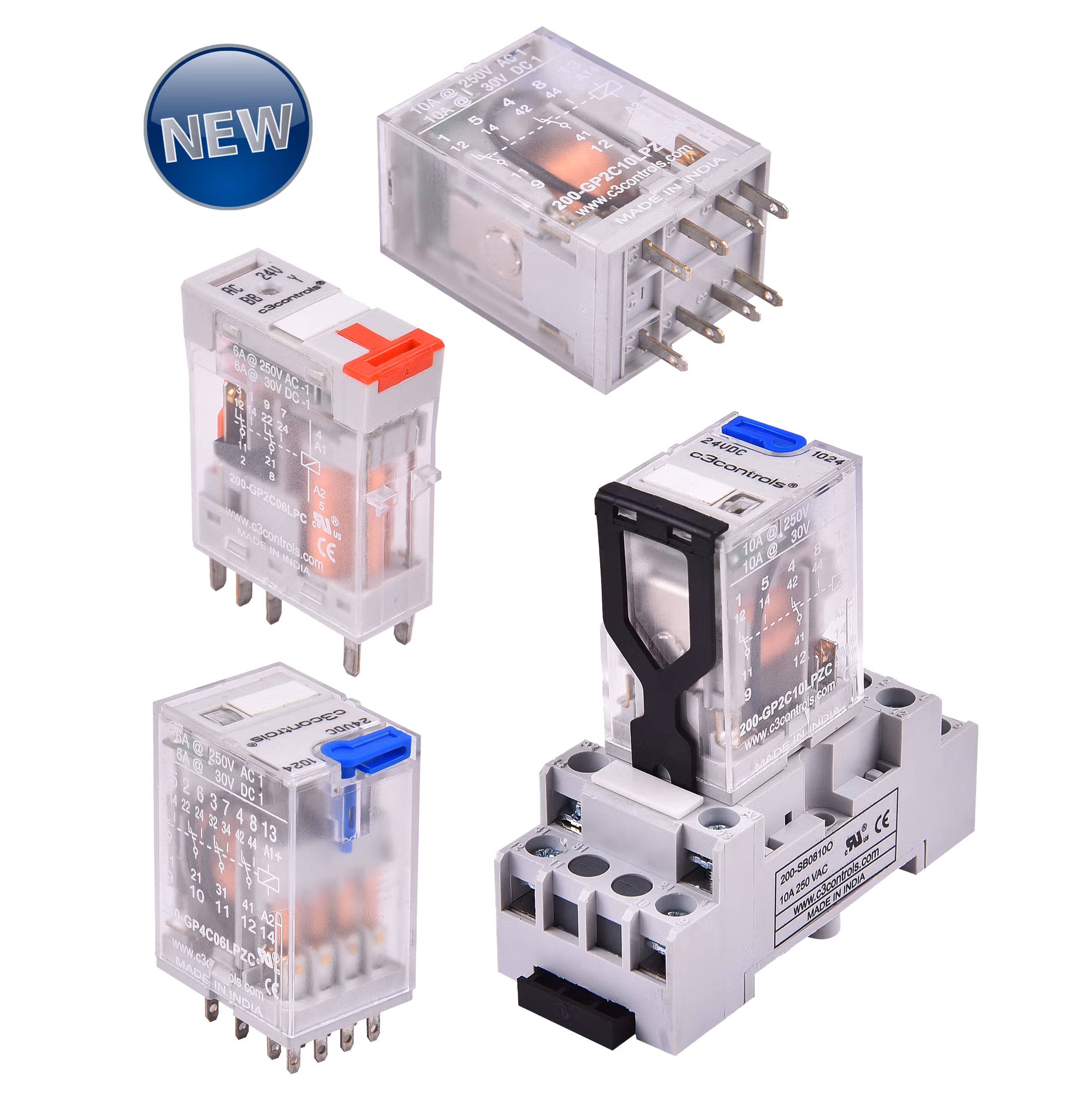 C3Controls Series 200 - General Purpose Relay, Blade Style,, DPDT (2 C/O), 6 Amps, with Mechanical Flag,, 110VDC coil - 200-GP2C06ZD