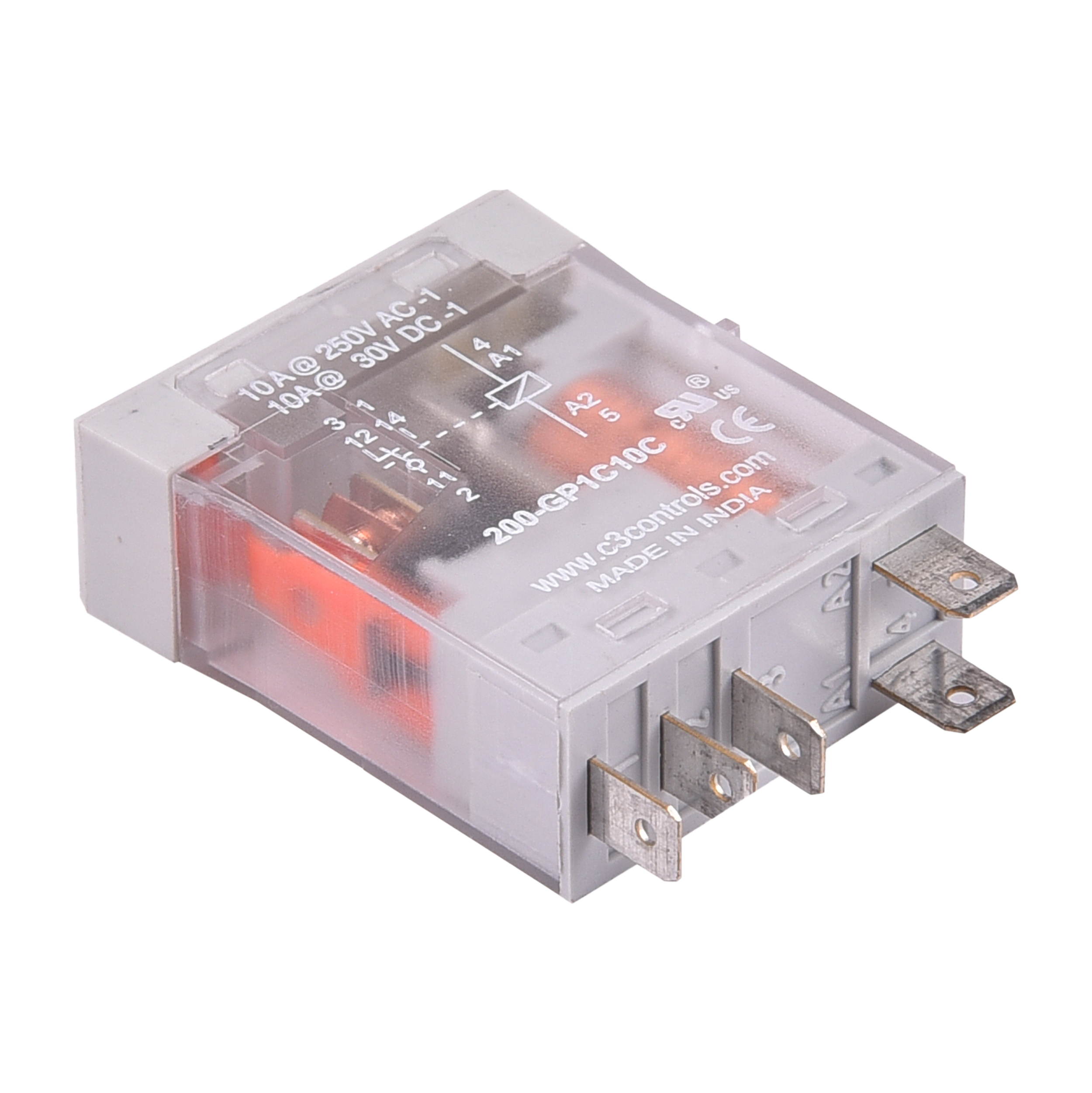 C3Controls Series 200 - General Purpose Relay, Blade Style,, DPDT (2 C/O), 10 Amps,, Led Indicator, Manual and Lockable Push Button Relay -, 24VAC coil - 200-GP2C10LPC