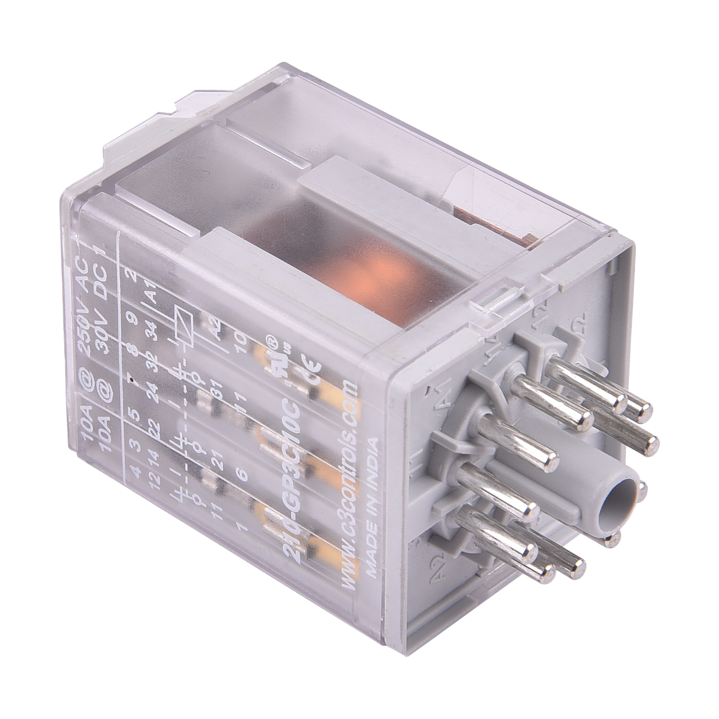 C3Controls Series 210 - General Purpose Relay, Pin Style,, DPDT (2 C/O), 10 Amps,, 24VAC coil - 210-GP2C10C