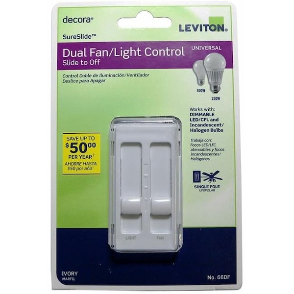 Leviton Leviton 3001339 Decora Sureslide Fan & LED Dimmer Slide Switch; Ivory - 3001339