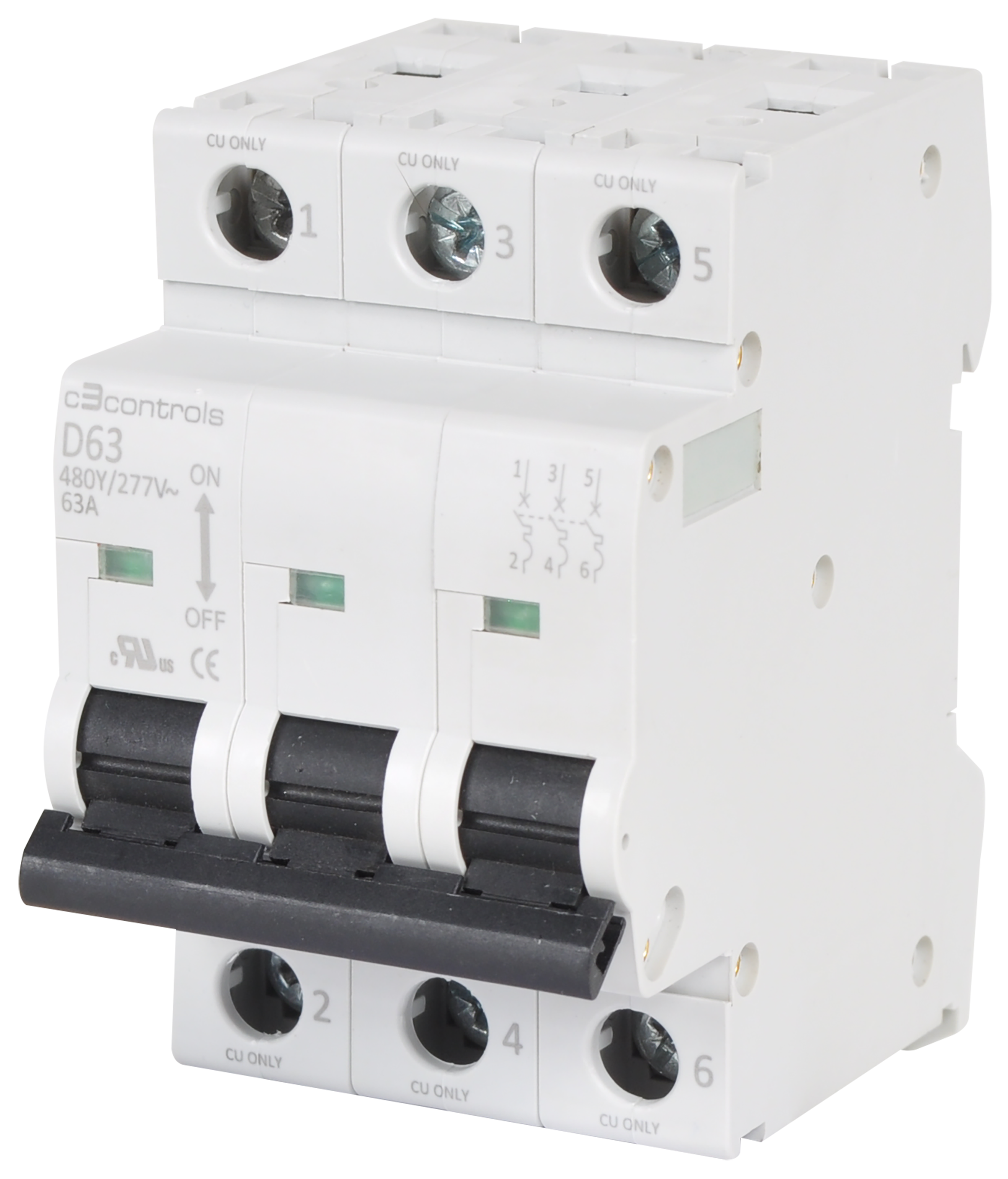 C3Controls UL 489 Miniature Circuit Breaker, Three Pole, Trip Curve D, 17.5mm Frame per Pole, 6.0A - 1100-CB3D2D60