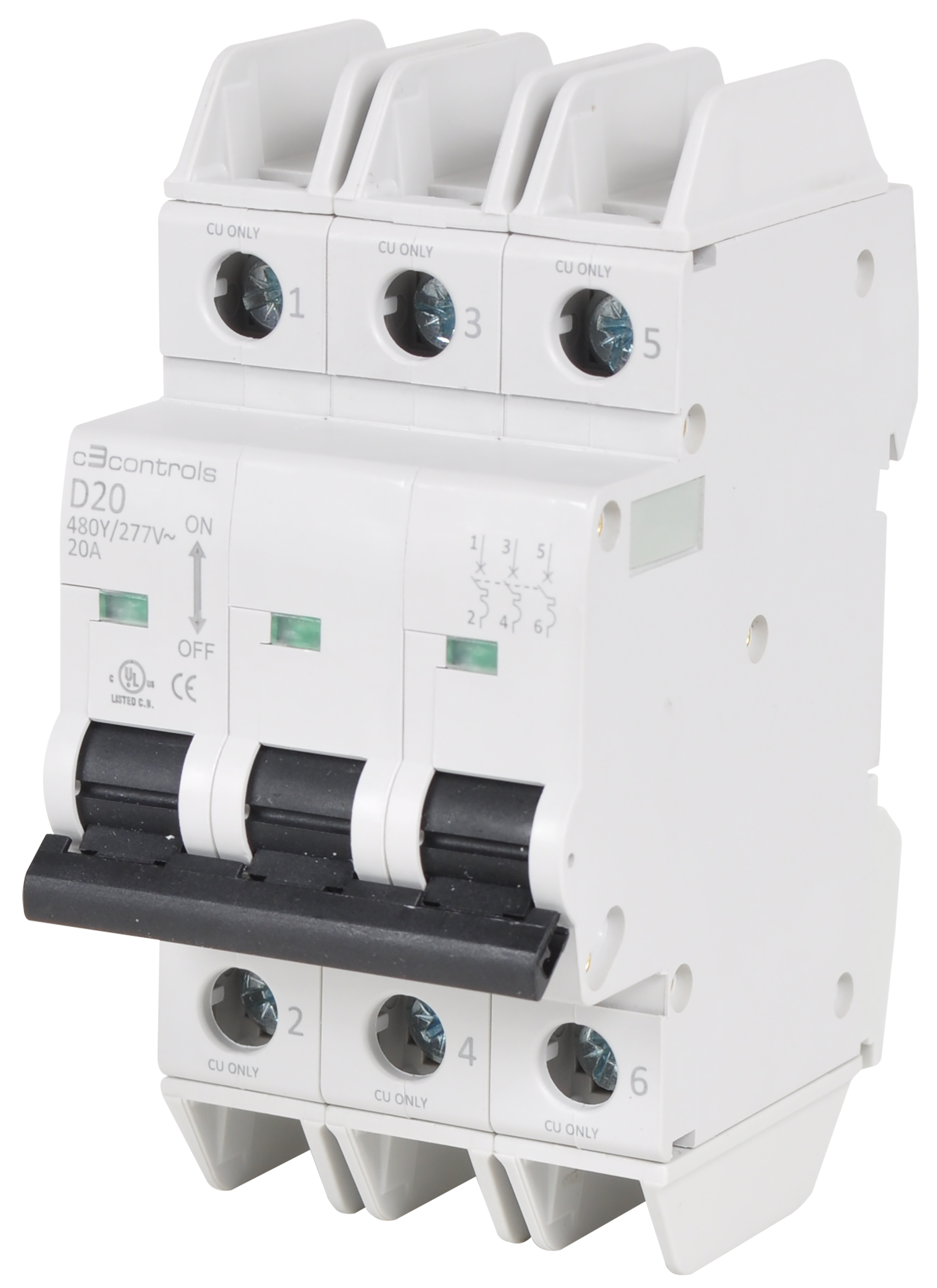 C3Controls UL 1077 Miniature Supplementary Protector, Single Pole, Trip Curve D, 17.5mm Frame per Pole, 6.0A - 1100-SP1D2D60