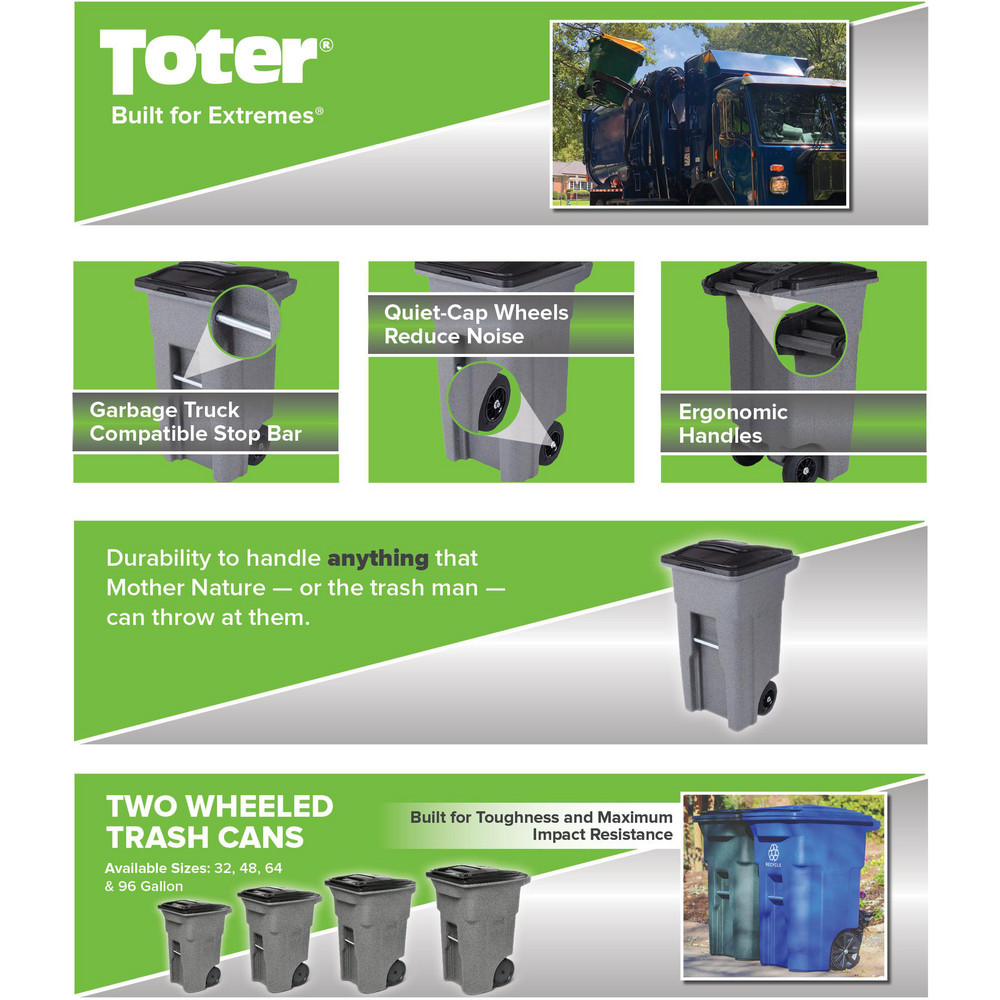 Toter Rollout Trash Can: 32 gal, Rectangle, Gray - ANA32-60594