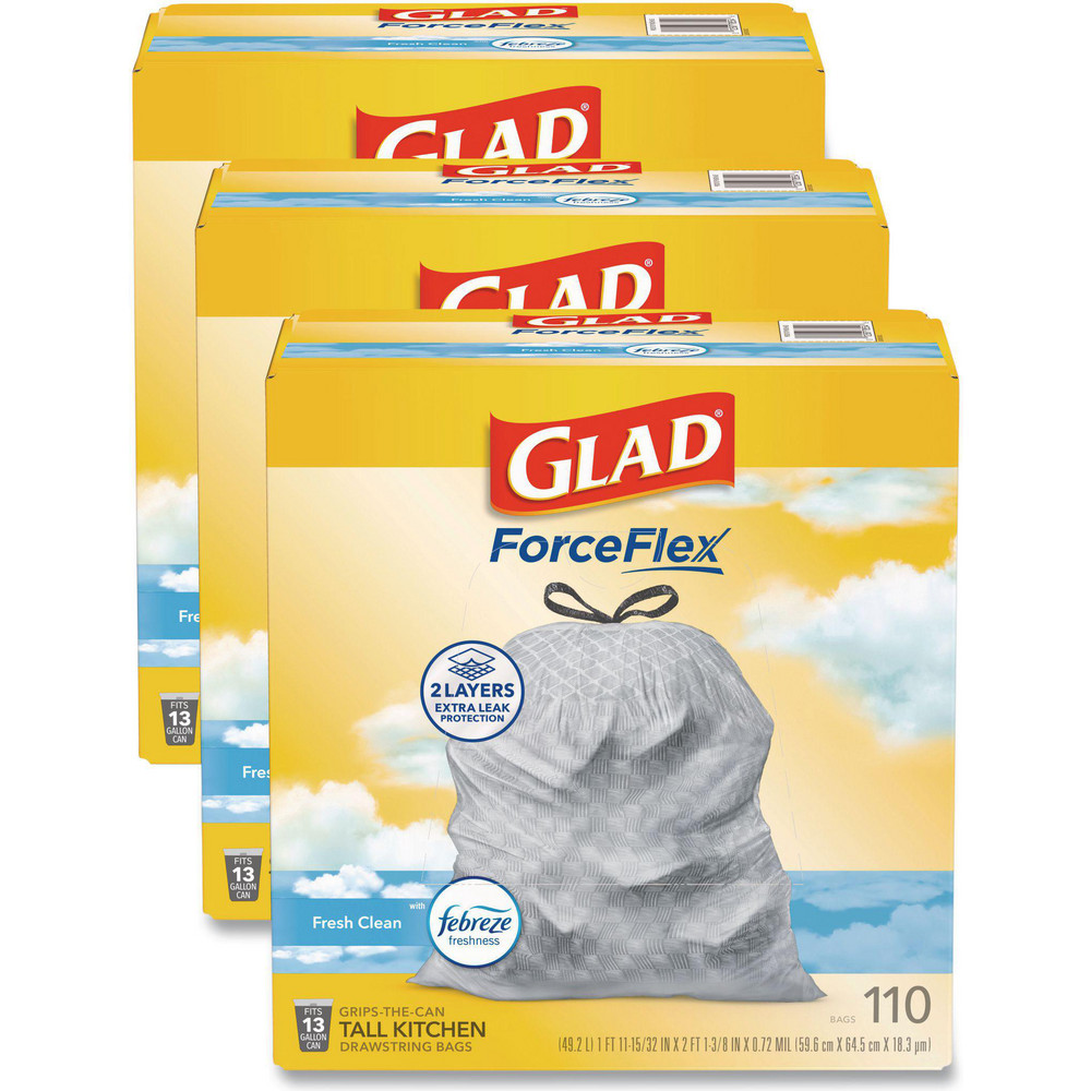 Glad Glad® ForceFlex Drawstring Trash Bags: 13 gal, 0.9 mil, Pack of 330 - CLO78563CT