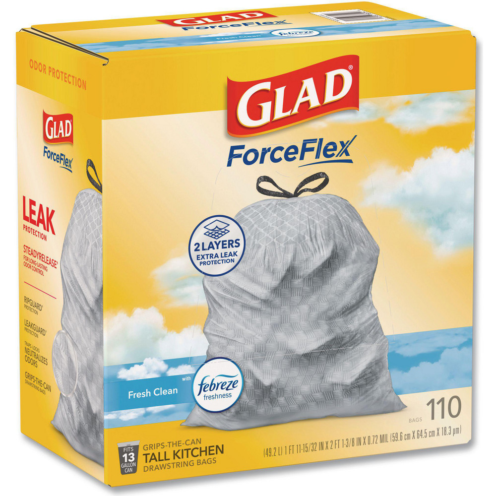 Glad Glad® ForceFlex Drawstring Trash Bags: 13 gal, 0.9 mil, Pack of 330 - CLO78563CT