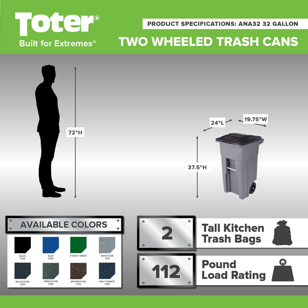Toter Rollout Trash Can: 32 gal, Rectangle, Black & Gray - ANA32-00GST