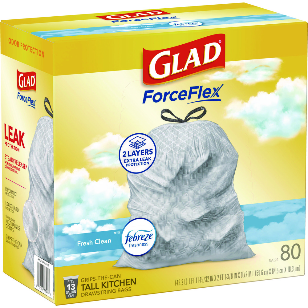 Glad Glad® ForceFlex Drawstring Trash Bags: 13 gal, 0.95 mil, Pack of 240 - CLO78899