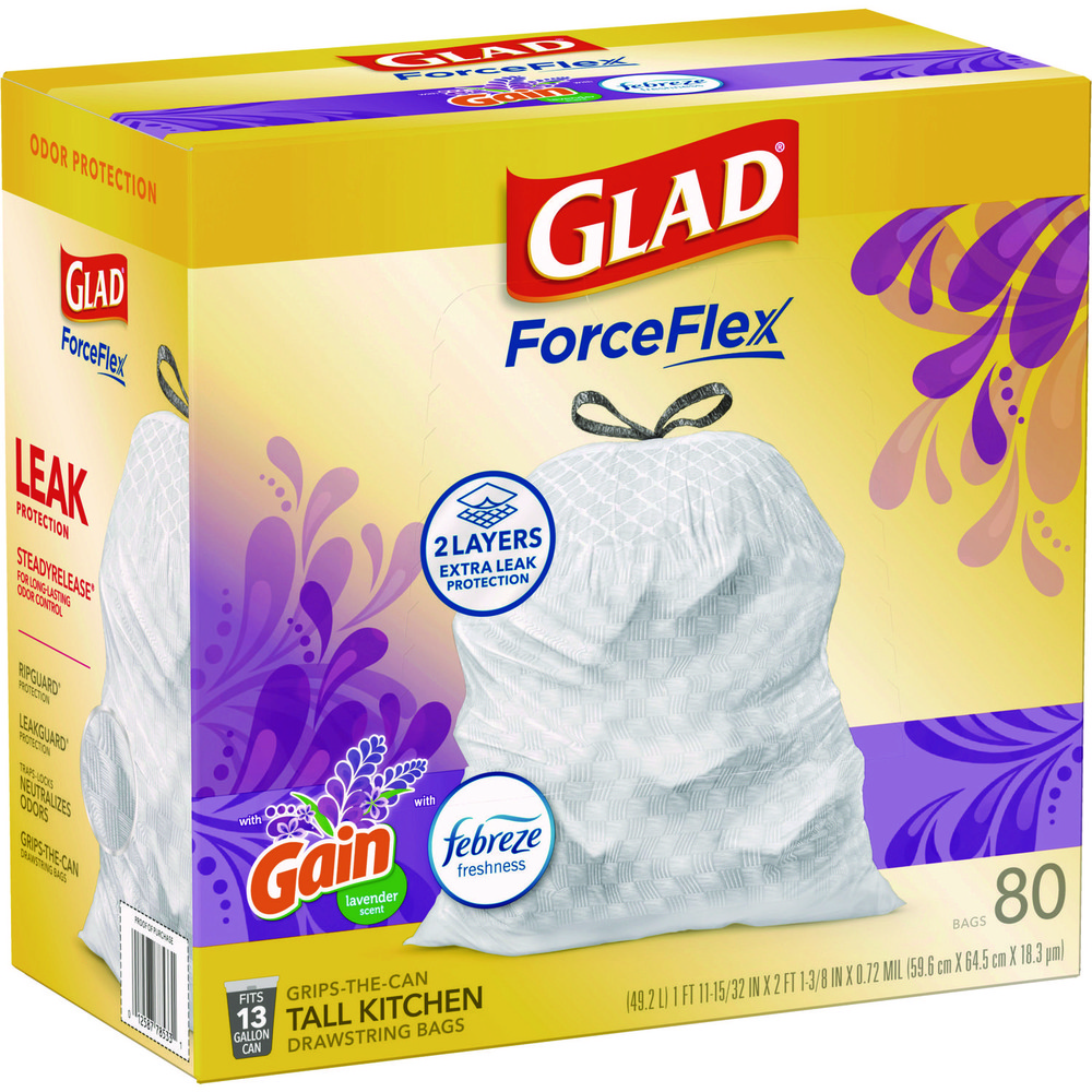Glad Glad® ForceFlex Drawstring Trash Bags: 13 gal, 0.95 mil, Pack of 80 - CLO78902BX