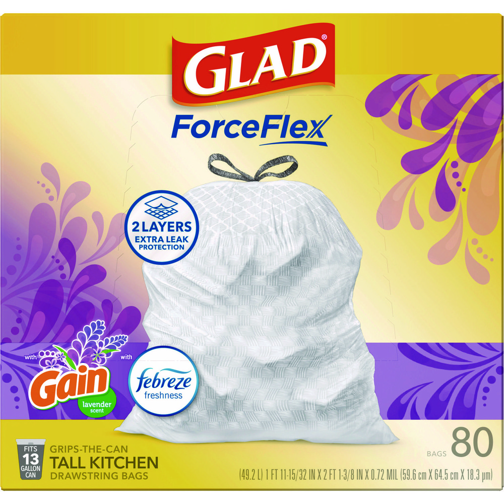 Glad Glad® ForceFlex Drawstring Trash Bags: 13 gal, 0.95 mil, Pack of 80 - CLO78902BX