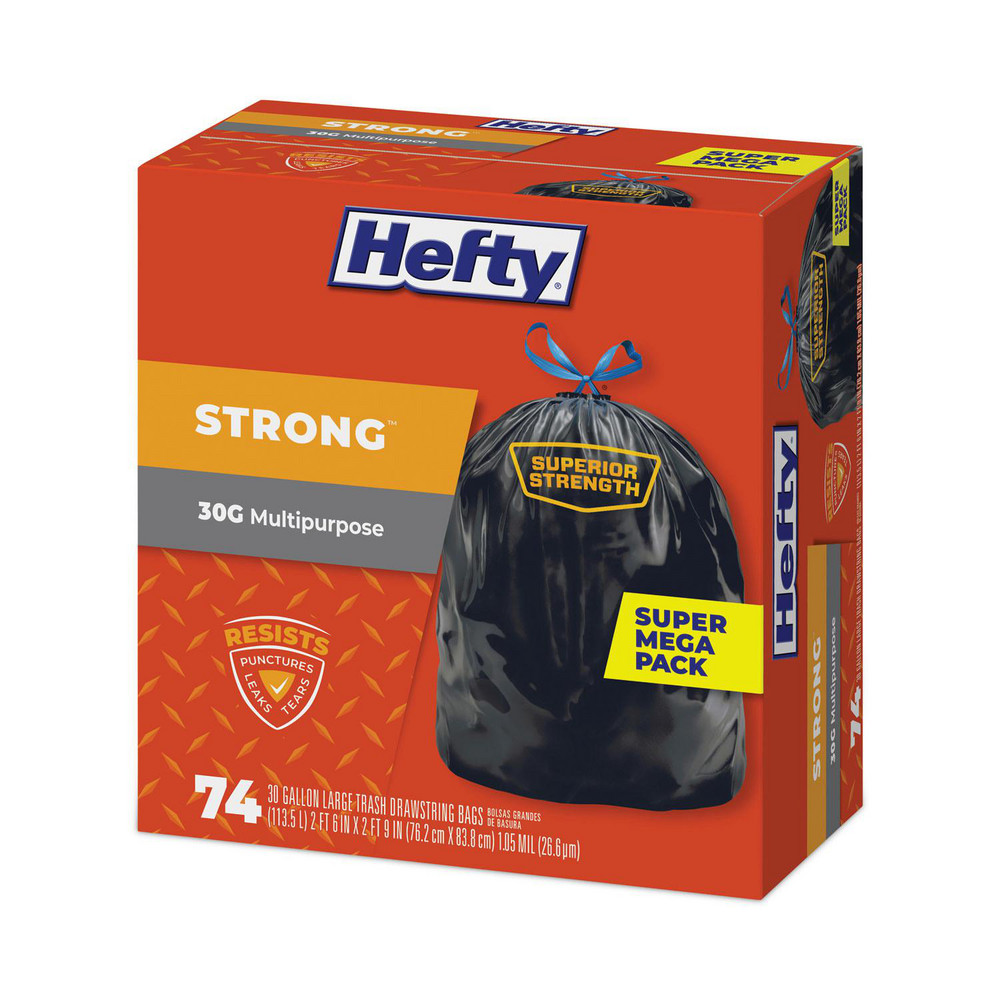 Hefty Hefty® Strong Drawstring Trash Bags: 30 gal, 1.1 mil, Pack of 74 - PCTE85274
