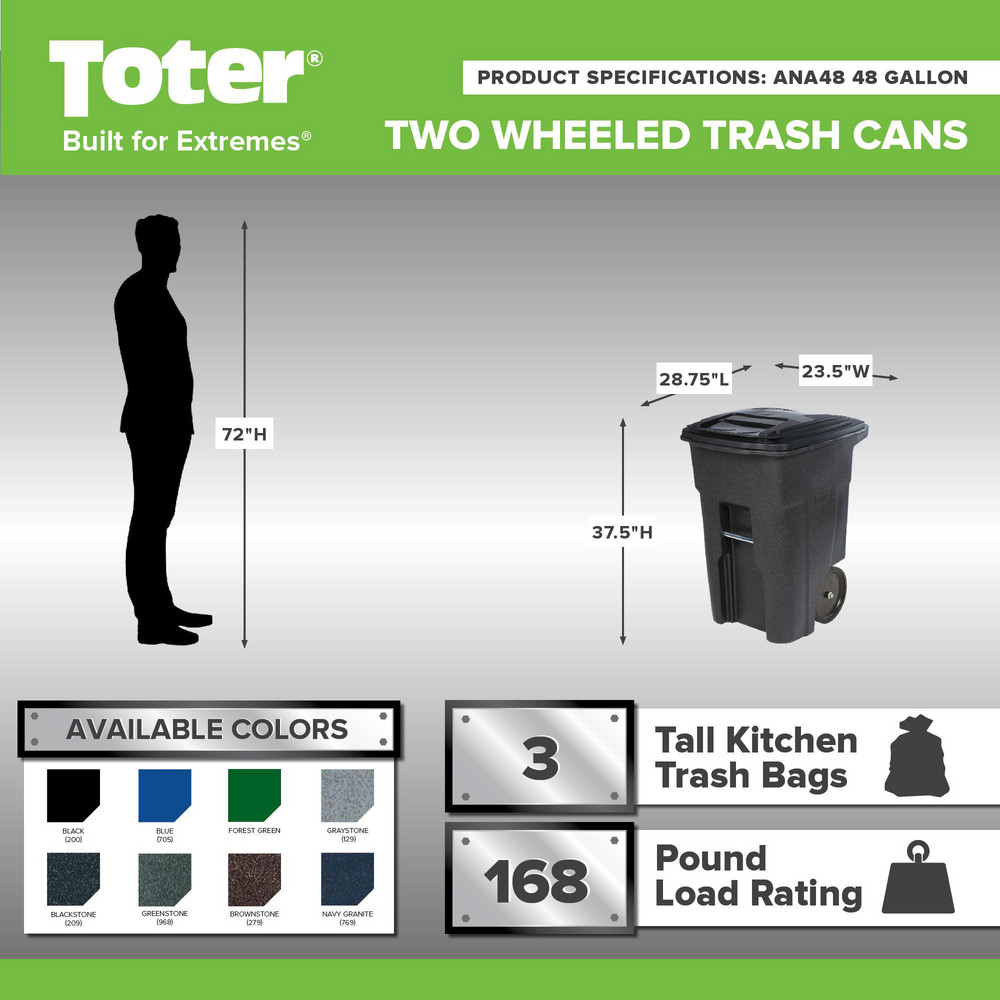 Toter Rollout Trash Can: 48 gal, Rectangle, Gray - ANA48-00GST