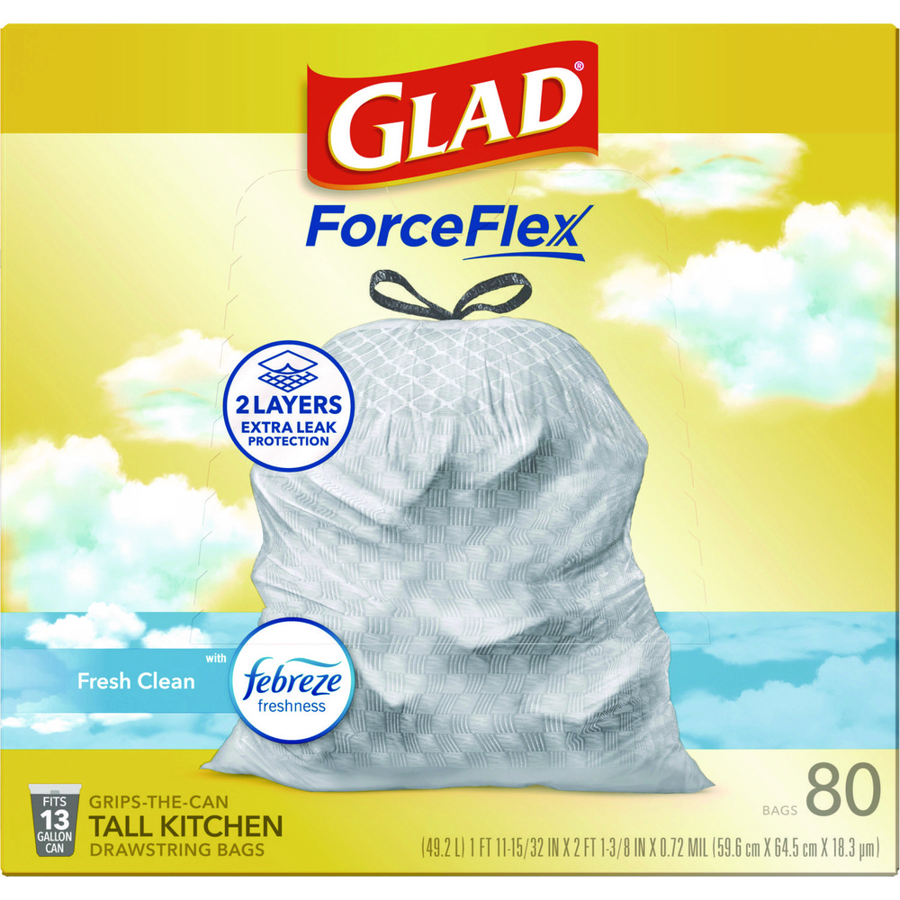 Glad Glad® ForceFlex Drawstring Trash Bags: 13 gal, 0.95 mil, Pack of 80 - CLO78899BX