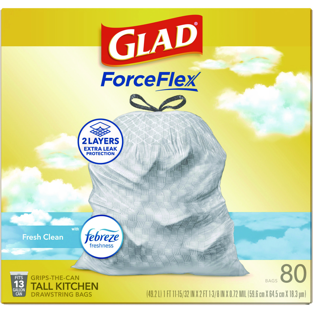 Glad Glad® ForceFlex Drawstring Trash Bags: 13 gal, 0.95 mil, Pack of 80 - CLO78899BX