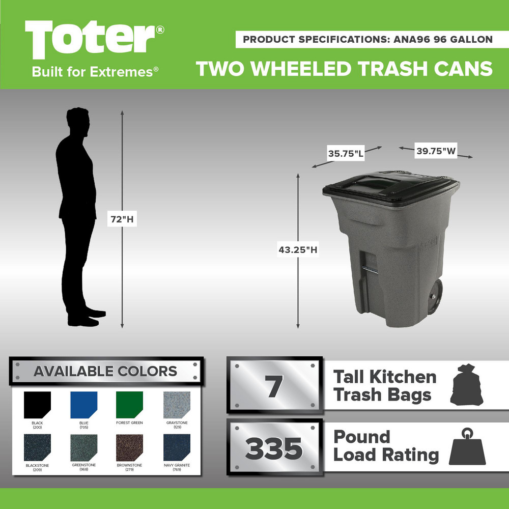 Toter Rollout Trash Can: 96 gal, Rectangle, Black - ANA96-00BKS