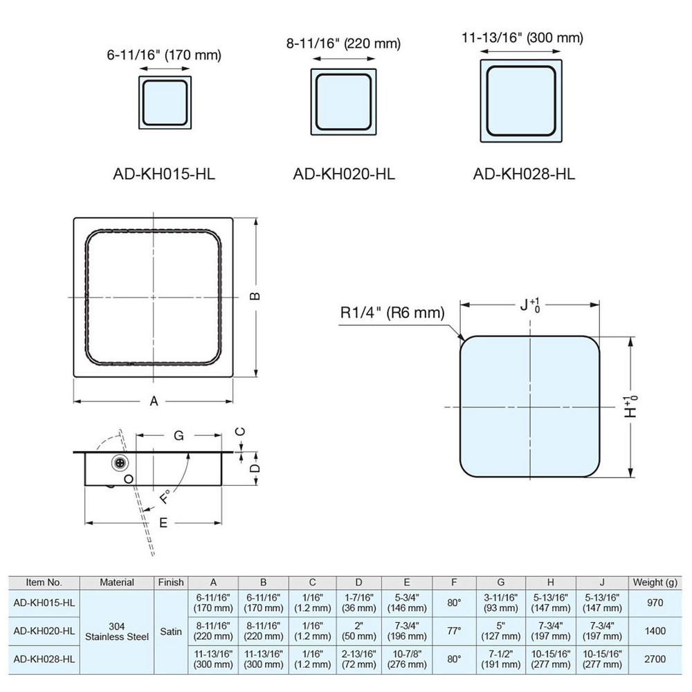 Sugatsune Trash Receptacle Access Doors: 304 Stainless Steel, Yes, Horizontal or Vertical, 1.9685 - AD-KH020-HL