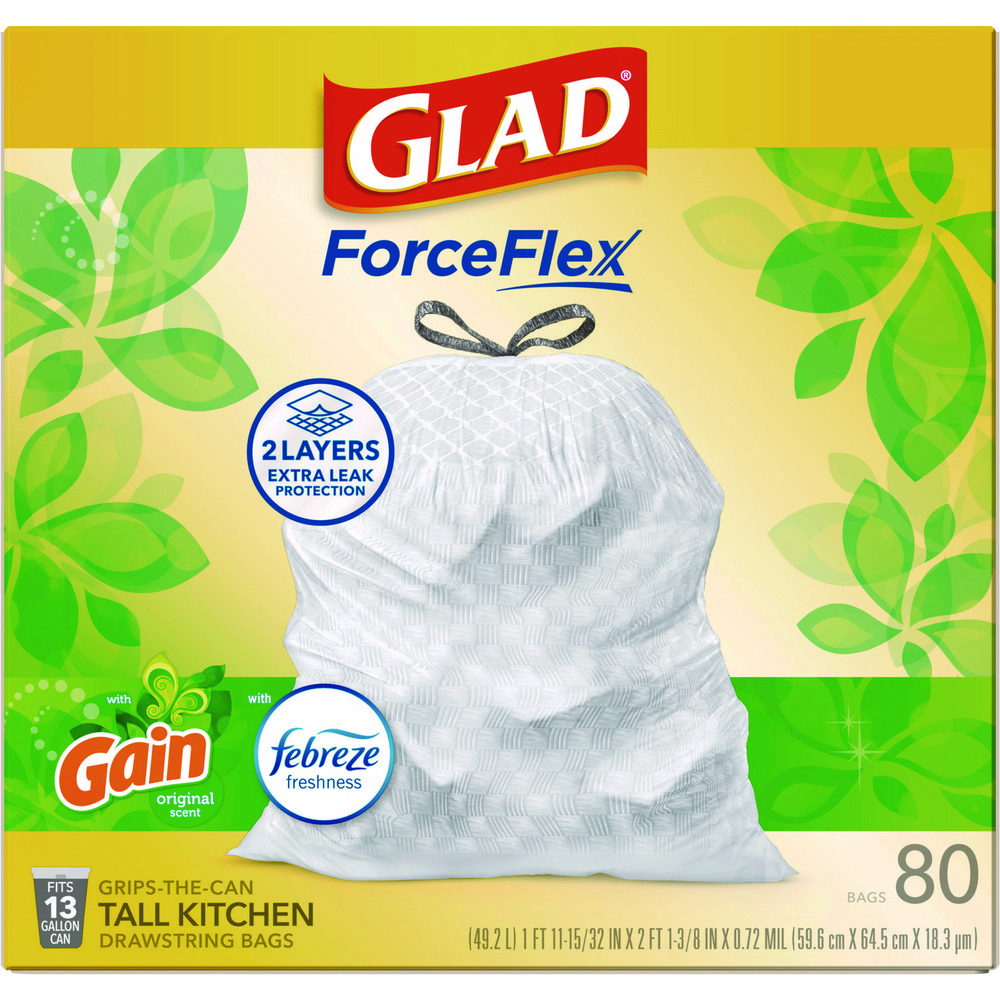 Glad Glad® ForceFlex Drawstring Trash Bags: 13 gal, 0.95 mil, Pack of 80 - CLO78900BX