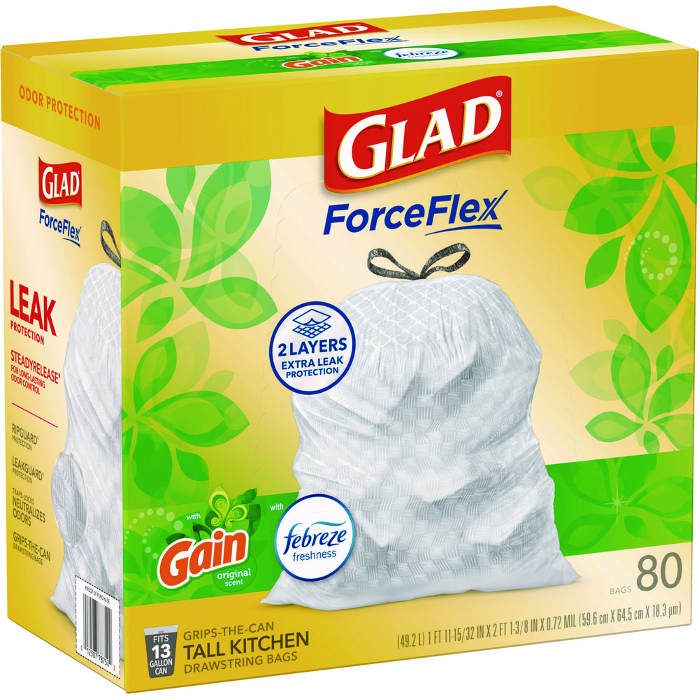 Glad Glad® ForceFlex Drawstring Trash Bags: 13 gal, 0.95 mil, Pack of 80 - CLO78900BX
