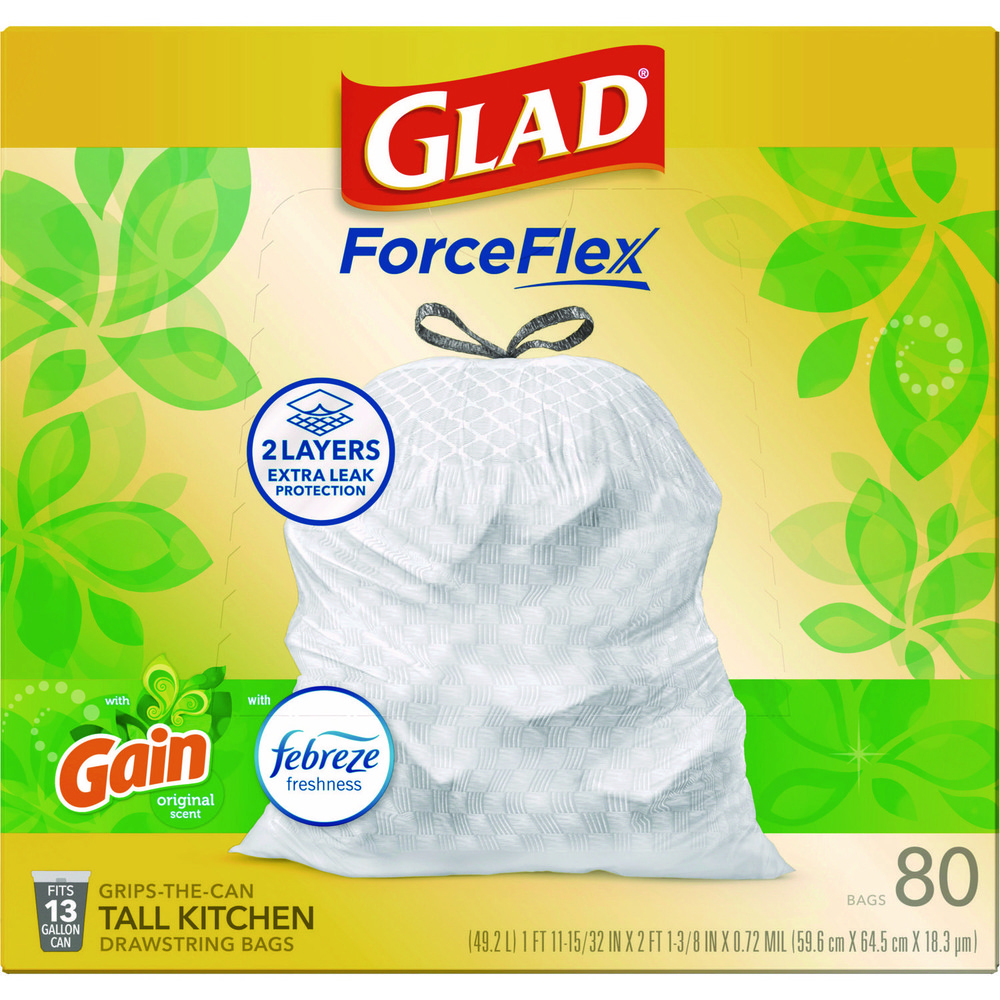 Glad Glad® ForceFlex Drawstring Trash Bags: 13 gal, 0.95 mil, Pack of 80 - CLO78900BX