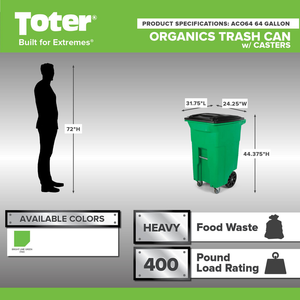 Toter Rollout Trash Can: 64 gal, Rectangle, Green - ACO64-59626
