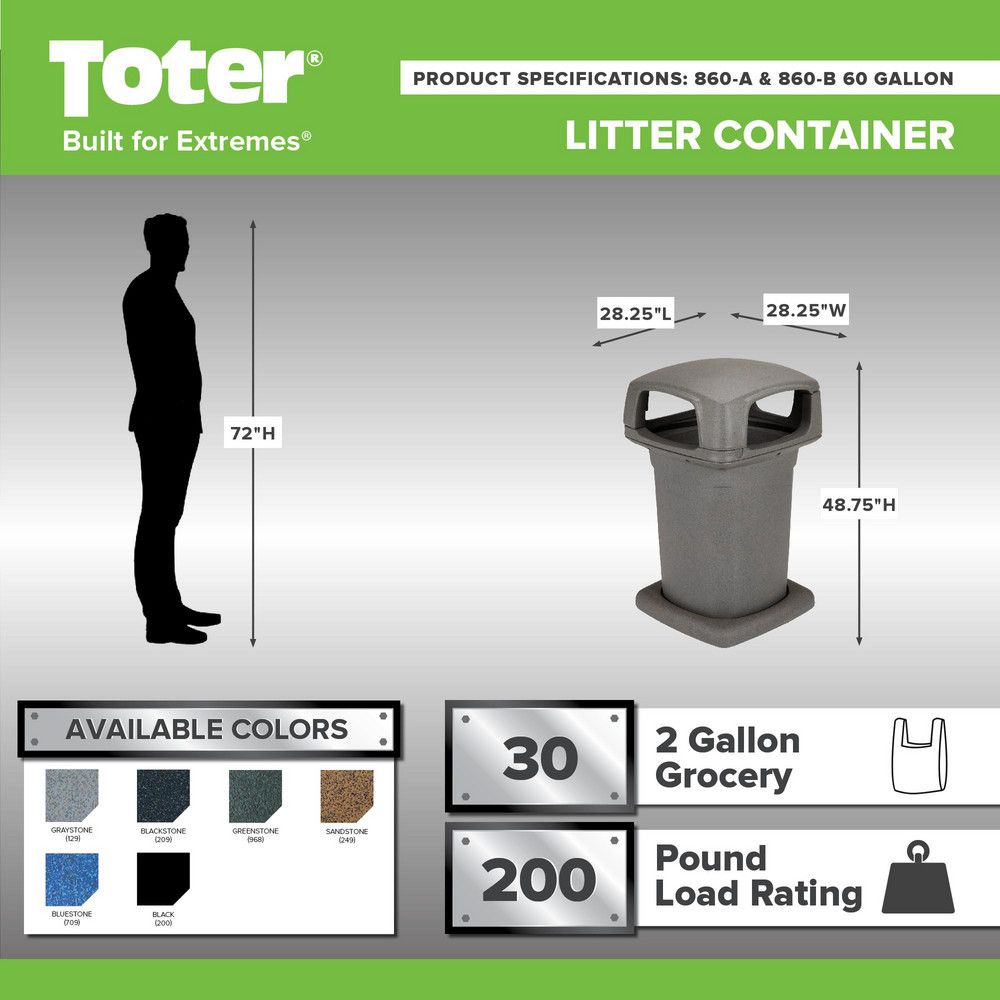 Toter Decorative Outdoor Waste Receptacle: 60 gal, Square, Gray - 860GB-35865