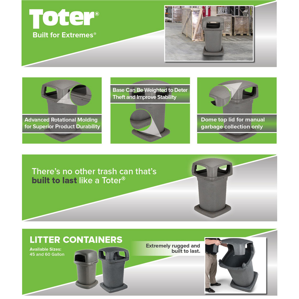 Toter Decorative Outdoor Waste Receptacle: 60 gal, Square, Gray - 860GB-35865