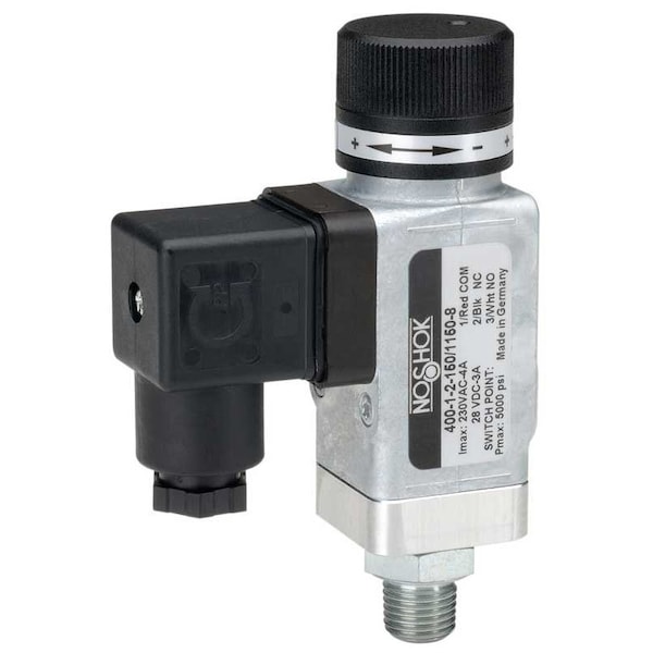 Interruptor de presión mecánico de alta resistencia de la serie Noshok 400, 1 interruptor SPDT, 7/16-20 SAE J514 FIG 34B, de 450 psig a 4,600 psig (5,000 psig), Hirschmann - 400H-3-45-450/4600-8