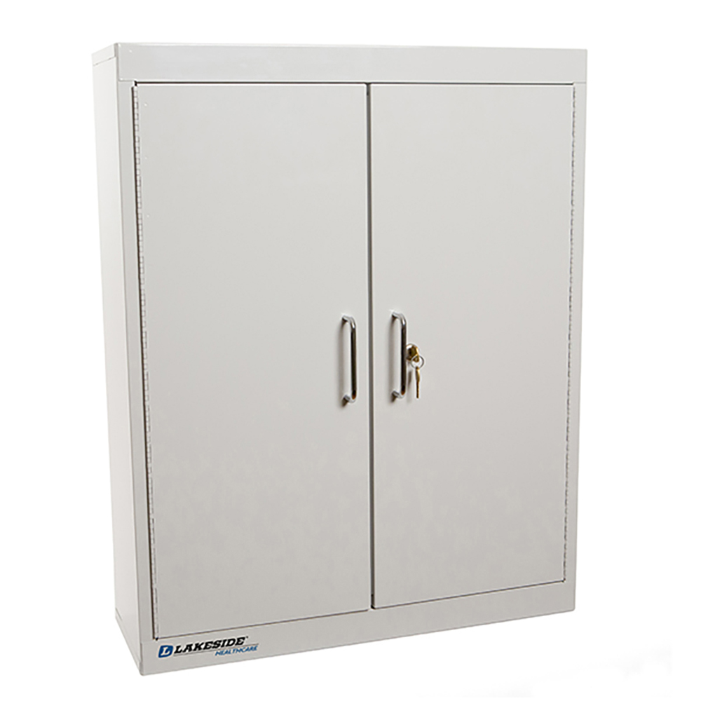 Lakeside Medicine Cabinets: Wall Mounted, 15, Powder coated steel is strong and durable for safe-keeping of medication behind dual doors and two key locks.  Doors can be mounted from either right or left side, left sided mounting is standard.  Mounting hardware not included., 12 - LNC-11D