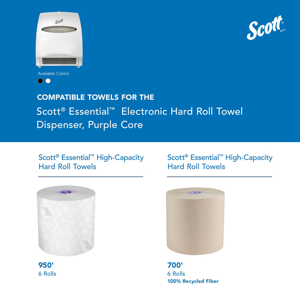 Scott Essential Automatic Hard Roll Towel Dispenser, White, for Purple Core Scott Roll Towels, 12.70" x 15.76" x 9.57" - 48858
